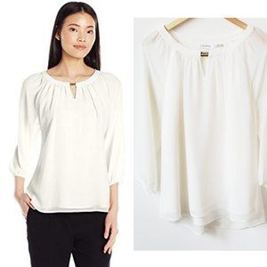 Calvin Klein Flowy Layered 3/4 Sleeve Blouse, Ivory, S